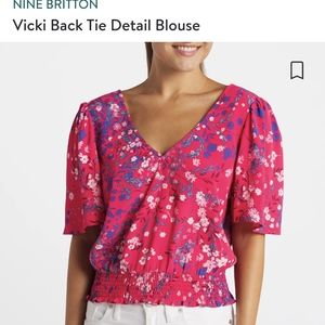 Nine Britton fuchsia and periwinkle back tie blouse Size Large